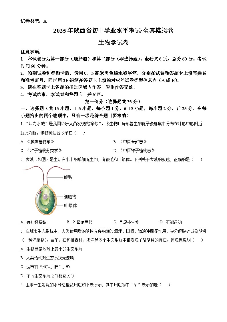 陕西省延安市2024-2025学年八年级下学期3月月考生物试题（原卷版+解析版）第1页