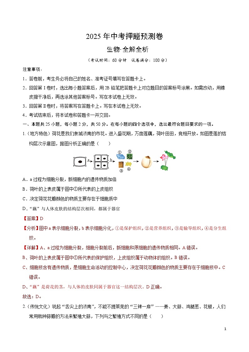 2025年中考押题预测卷：生物（济南卷）（解析卷）第1页