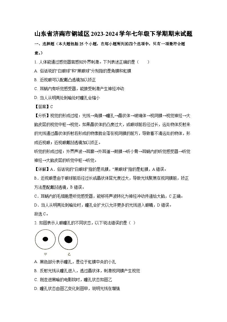 山东省济南市钢城区2023-2024学年七年级下学期期末生物试题（解析版）第1页