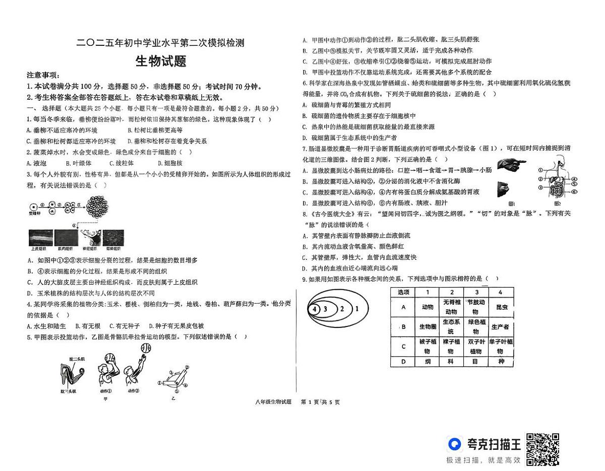 2025年山东省德州市平原县八年级二模生物试题（中考模拟）第1页