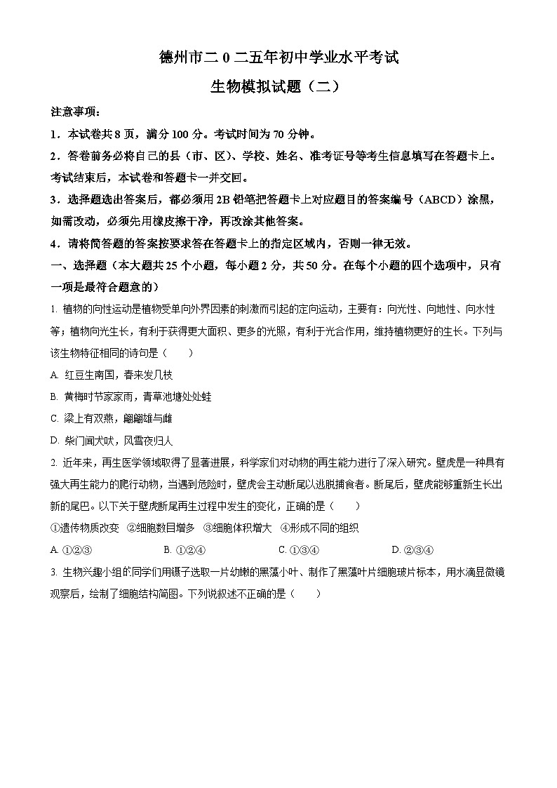 2025年山东省德州市中考二模生物试题（原卷版+解析版）（中考模拟）第1页