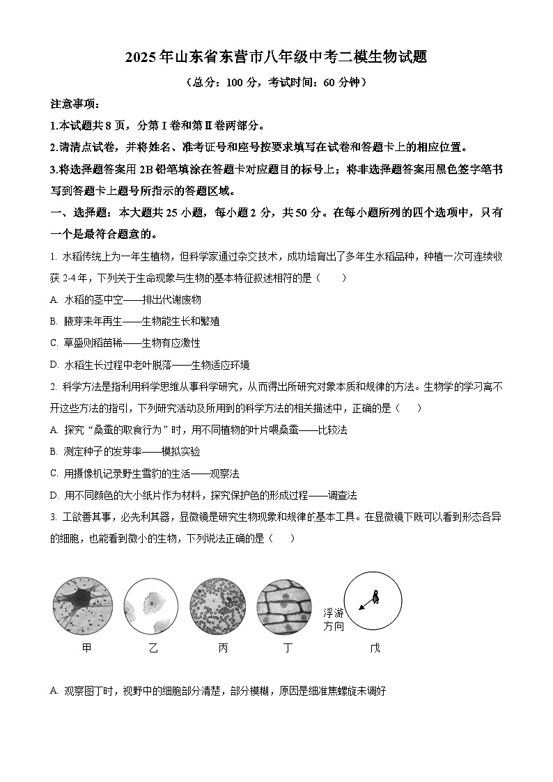 2025年山东省东营市八年级中考二模生物试题（中考模拟）第1页