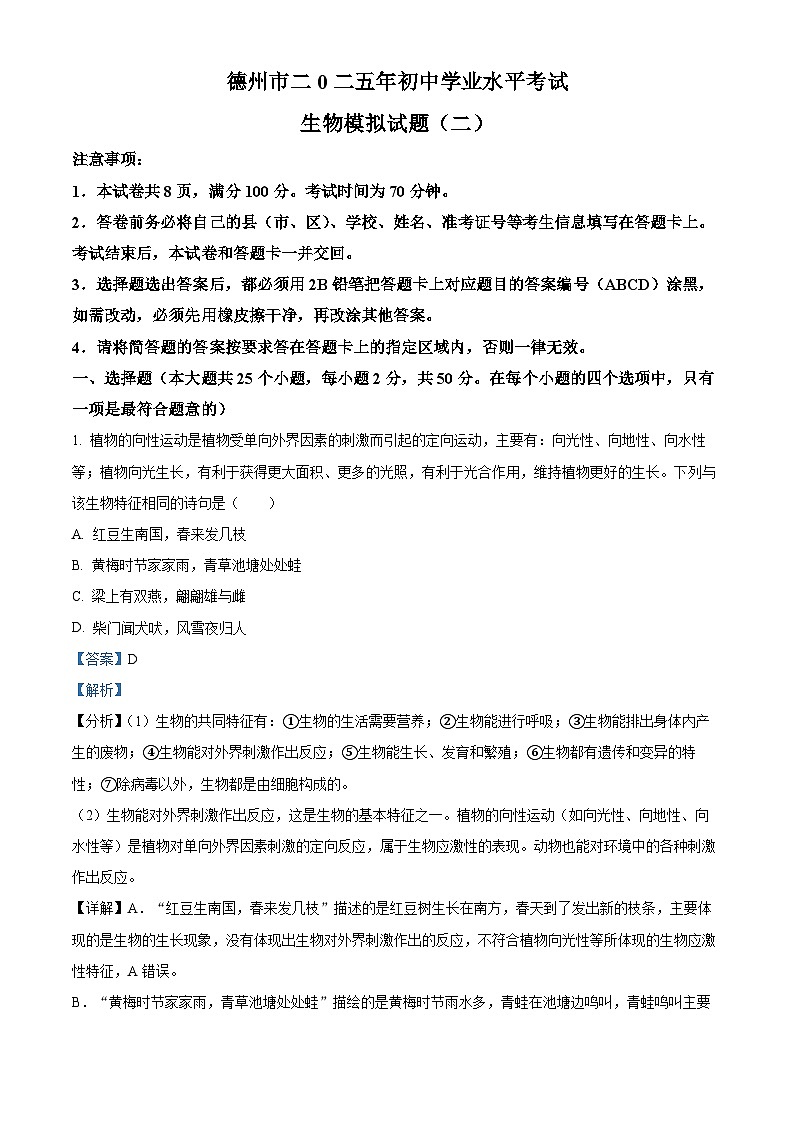 2025年山东省德州市中考二模生物试题（解析版）第1页