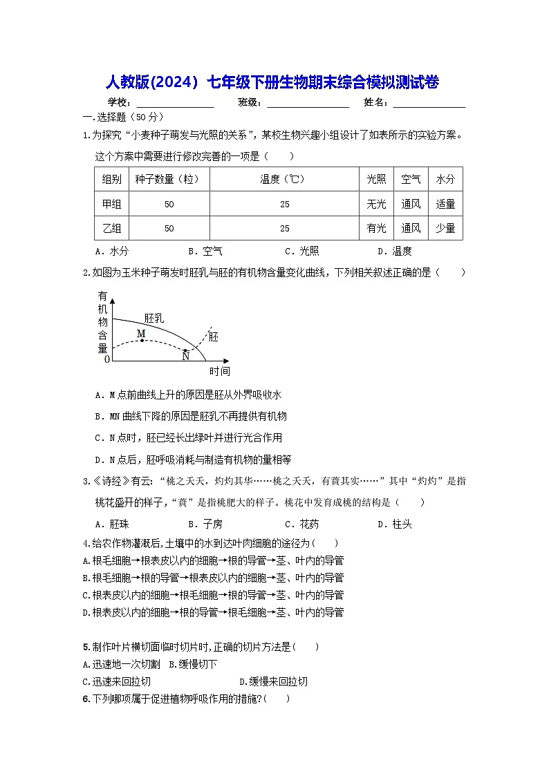 人教版(2024）七年级下册生物期末综合模拟测试卷（含答案）第1页