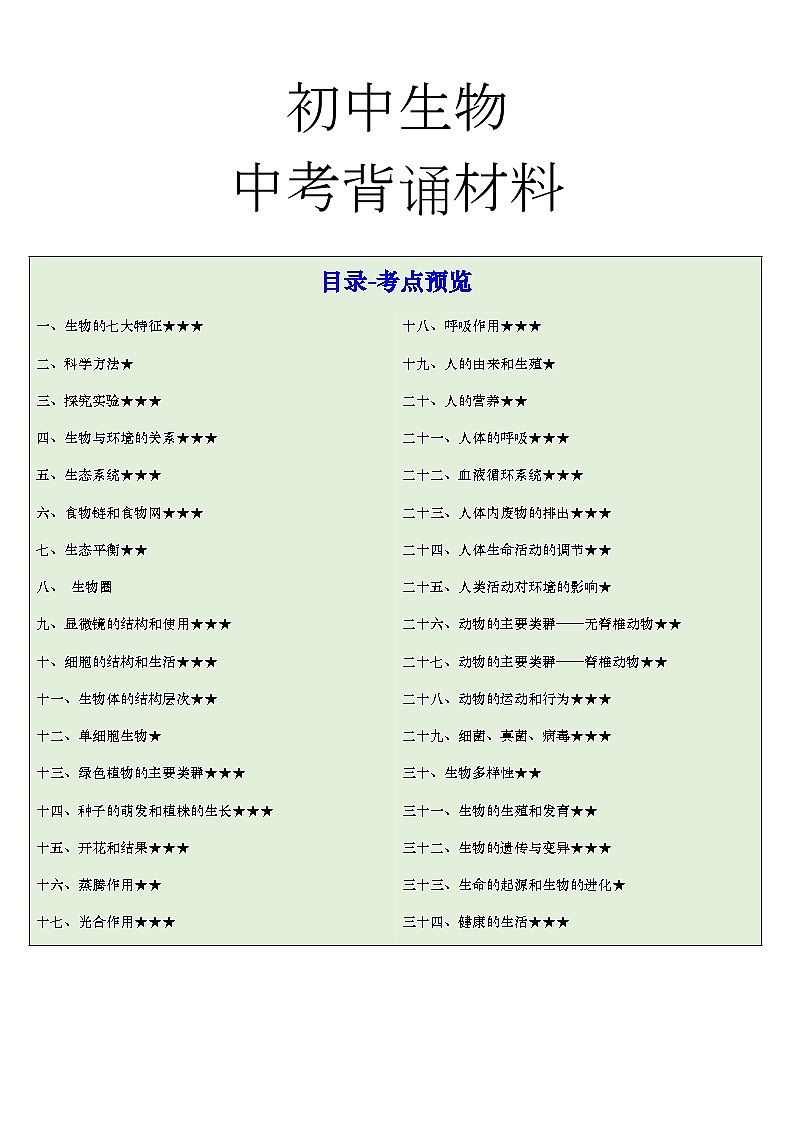 初中生物中考背诵考点梳理（34大必背考点）-2025年中考生物冲刺抢押秘籍学案第1页