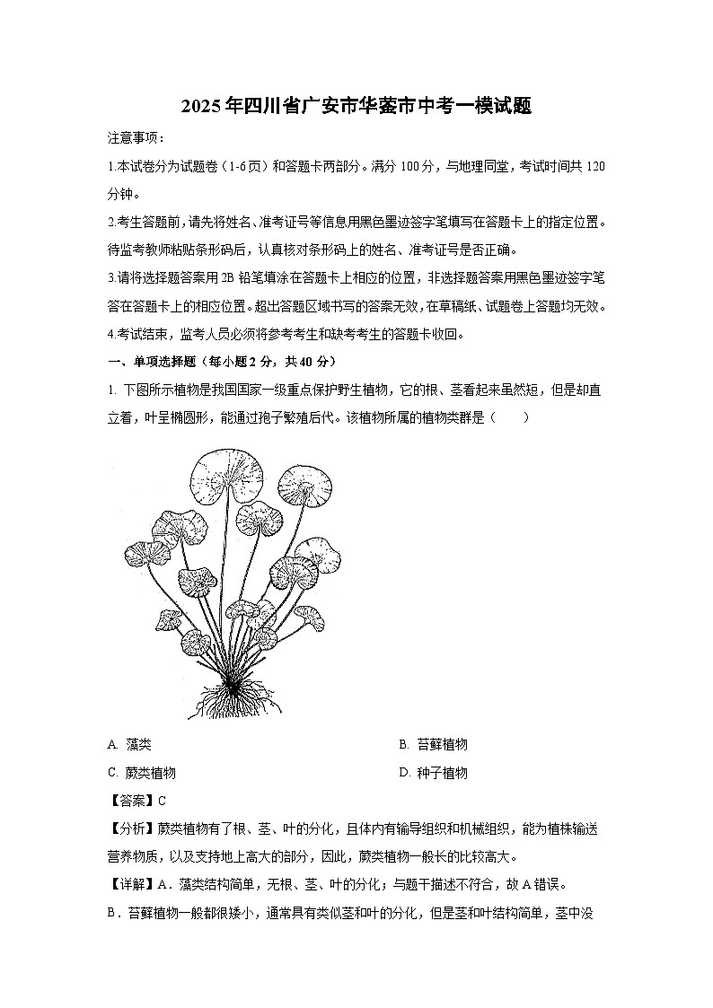 2025年四川省广安市华蓥市中考一模生物试题（解析版）第1页