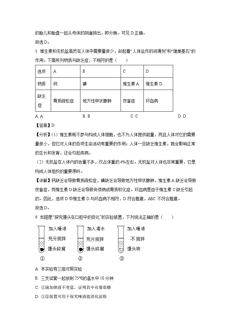 山东省临沂市沂南县2023-2024学年七年级下学期期末生物试题（解析版）第3页