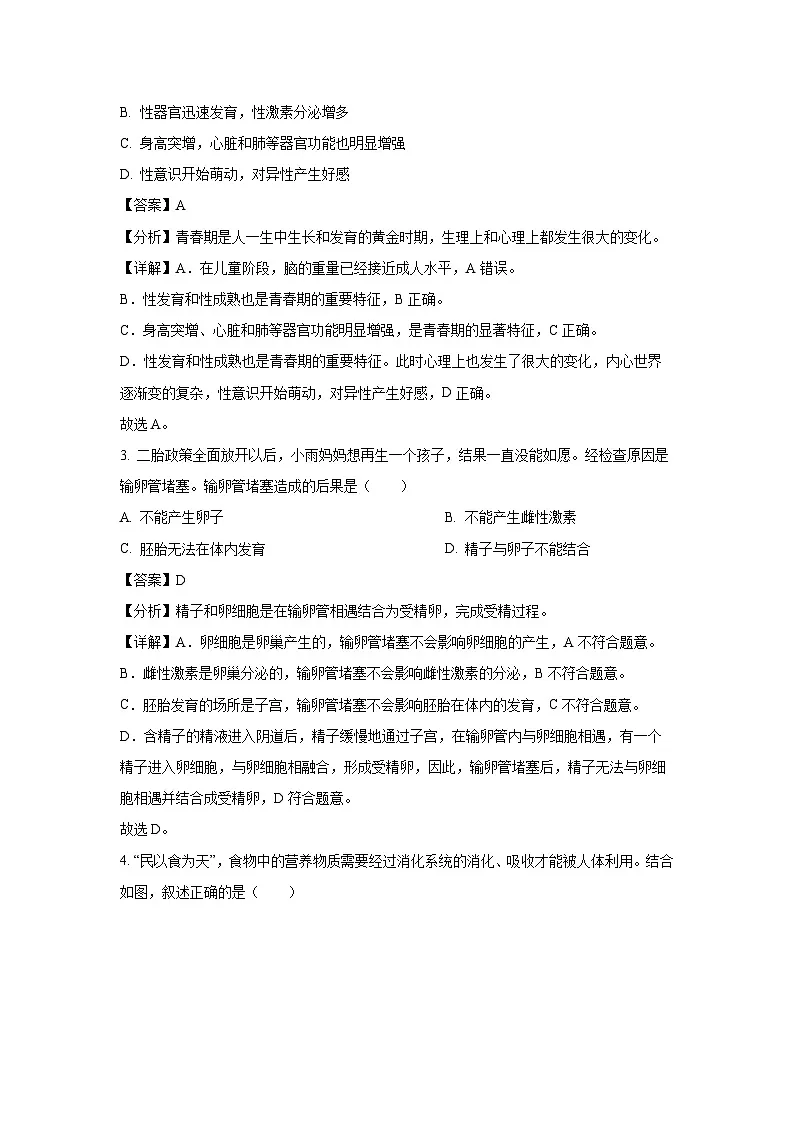 山东省聊城市经济开发区2023-2024学年七年级下学期期末生物试题（解析版）第2页