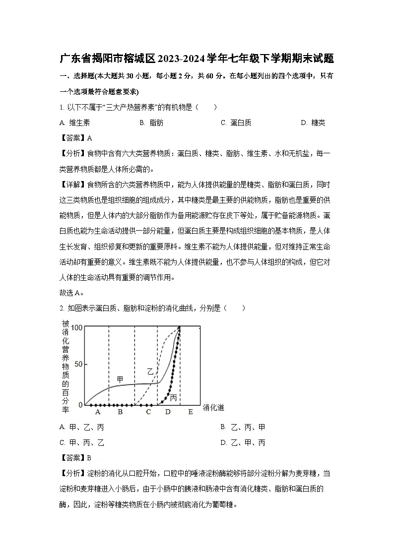 广东省揭阳市榕城区2023-2024学年七年级下学期期末生物试题（解析版）第1页