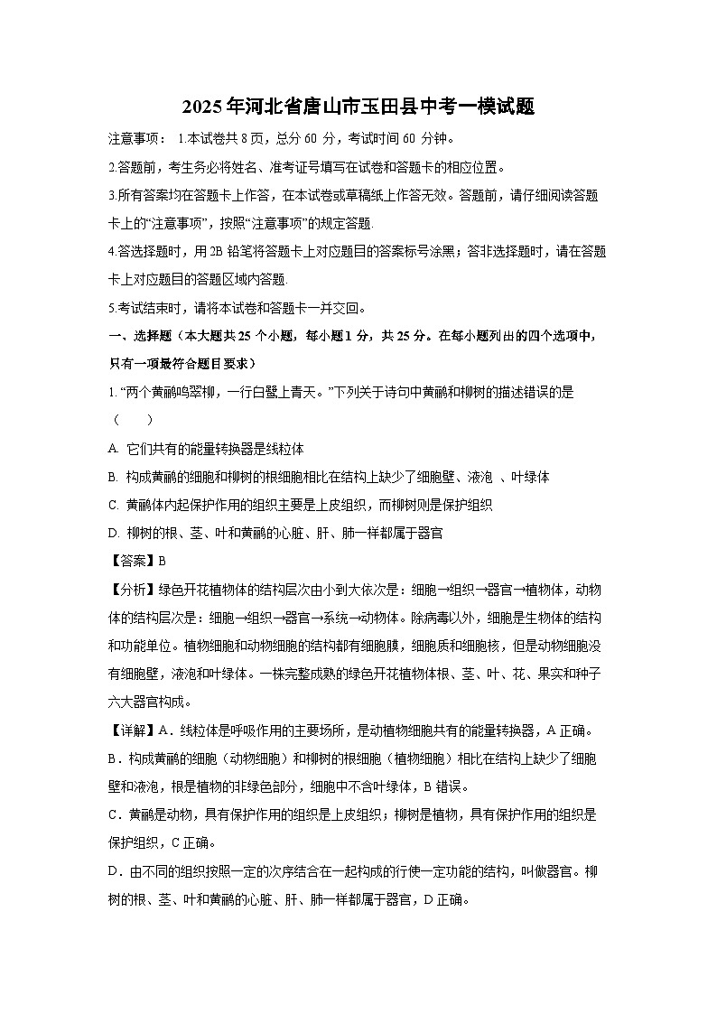 2025年河北省唐山市玉田县中考一模生物试题（解析版）第1页