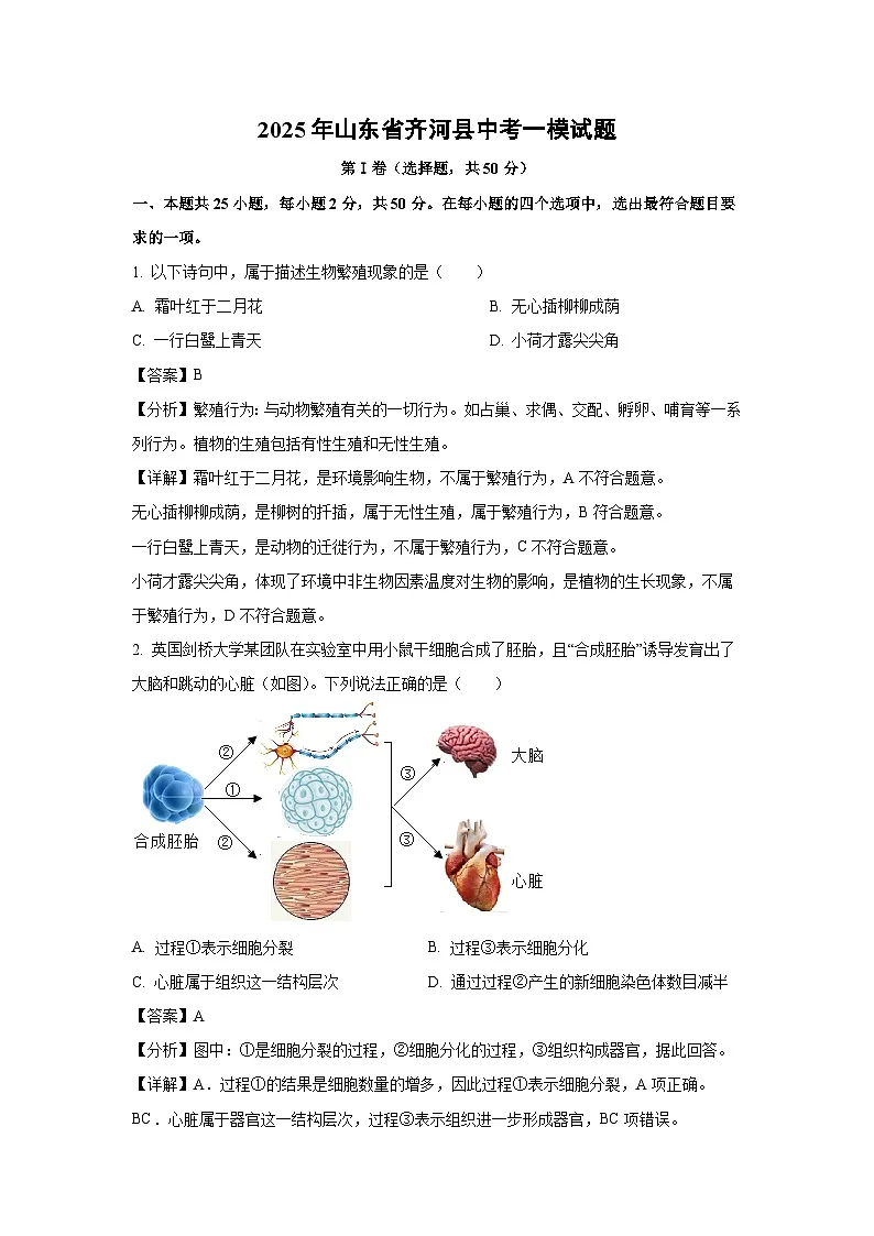 2025年山东省齐河县中考一模生物试题（解析版）第1页