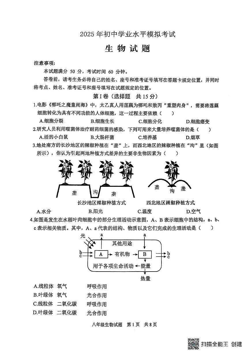 2025年山东省泰安市宁阳县中考二模考试生物试题（中考模拟）第1页