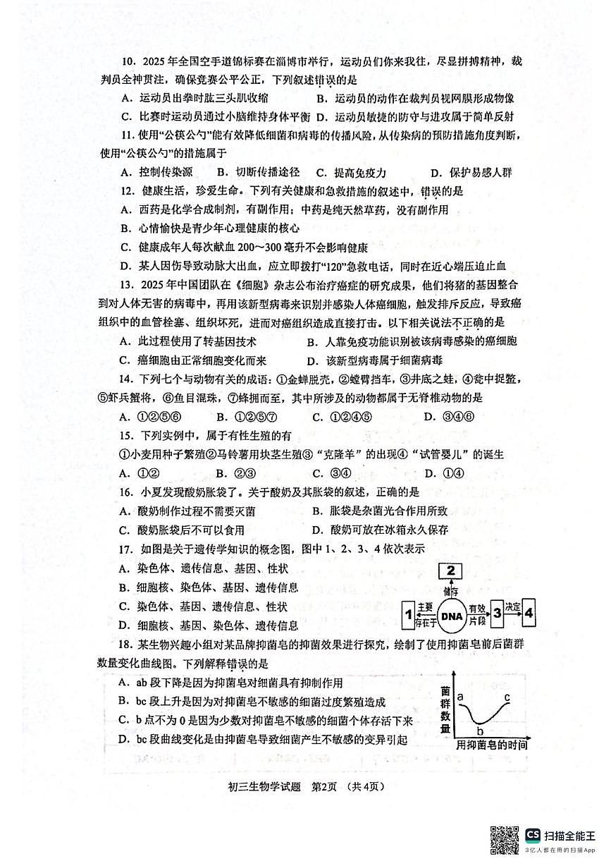 2025年山东省淄博市张店区中考二模生物试卷（中考模拟）第2页