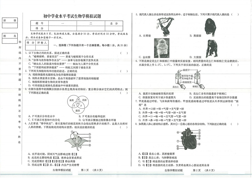 吉林省白山市浑江区2025年八年级下学期二次模拟 生物试题第1页