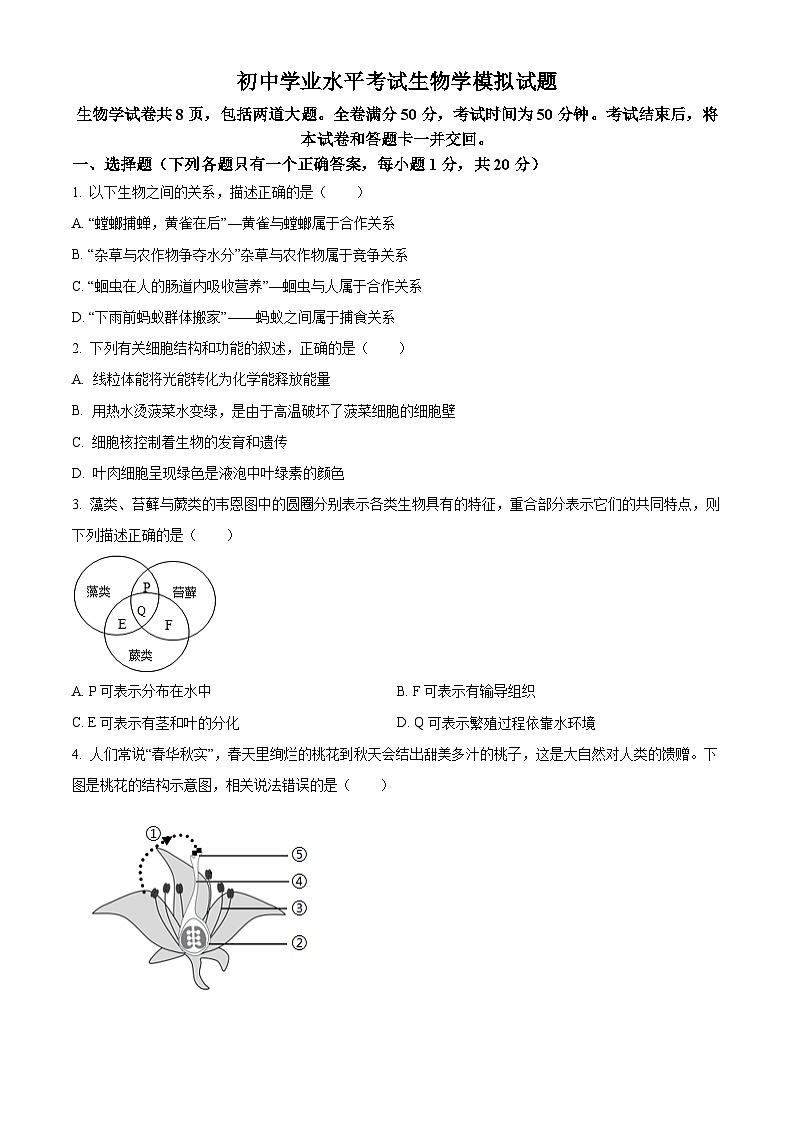 吉林省白山市浑江区2025年八年级中考二模 生物试题第1页