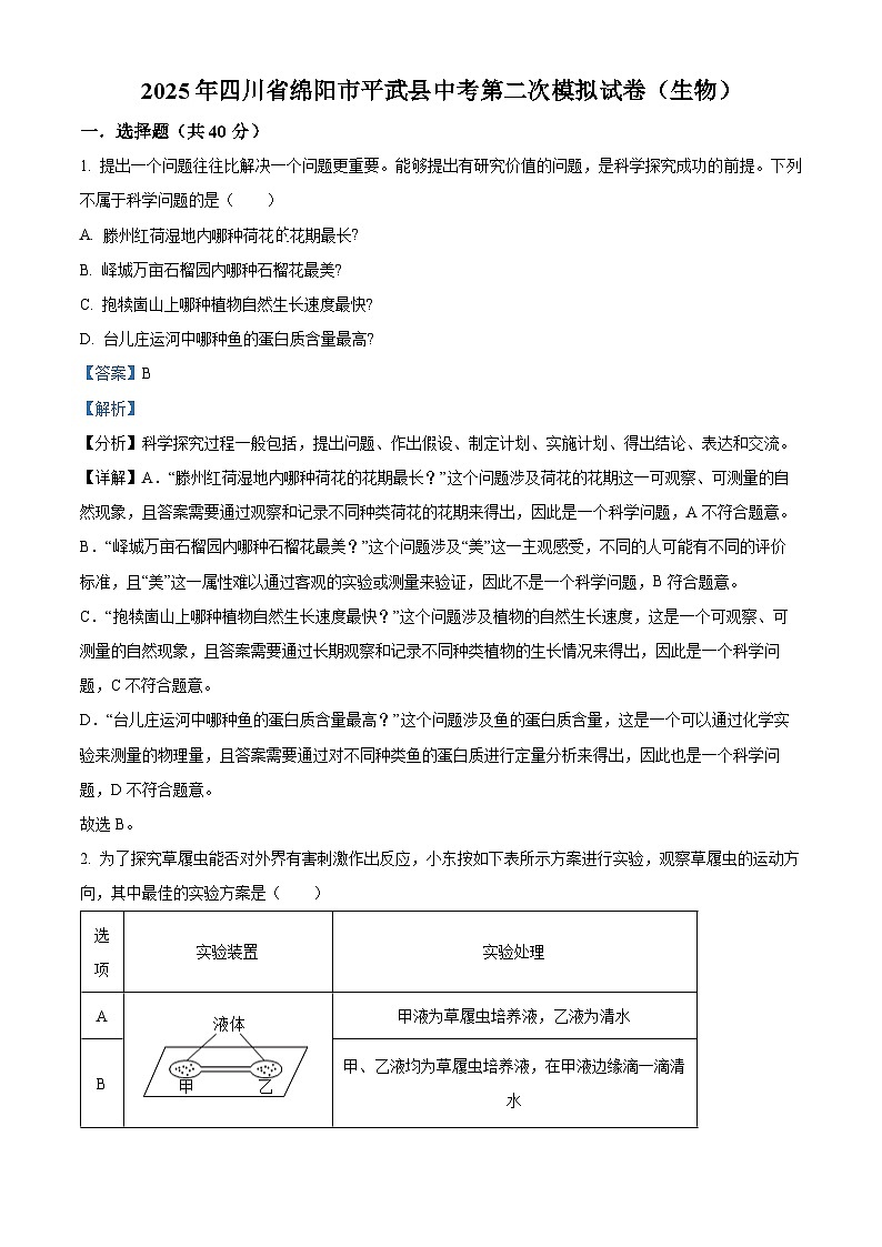 四川省绵阳市平武县2025年八年级二模 生物试题（含解析）第1页