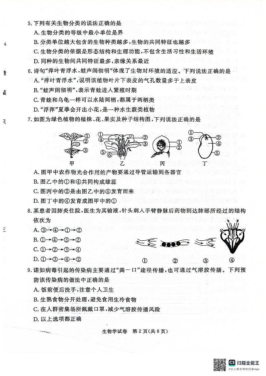 河北省秦皇岛市抚宁区2025年八年级二模 生物试卷（含解析）第2页