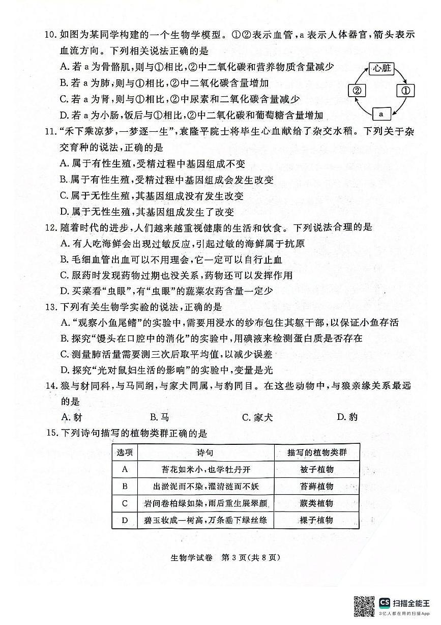 河北省秦皇岛市抚宁区2025年八年级二模 生物试卷（含解析）第3页