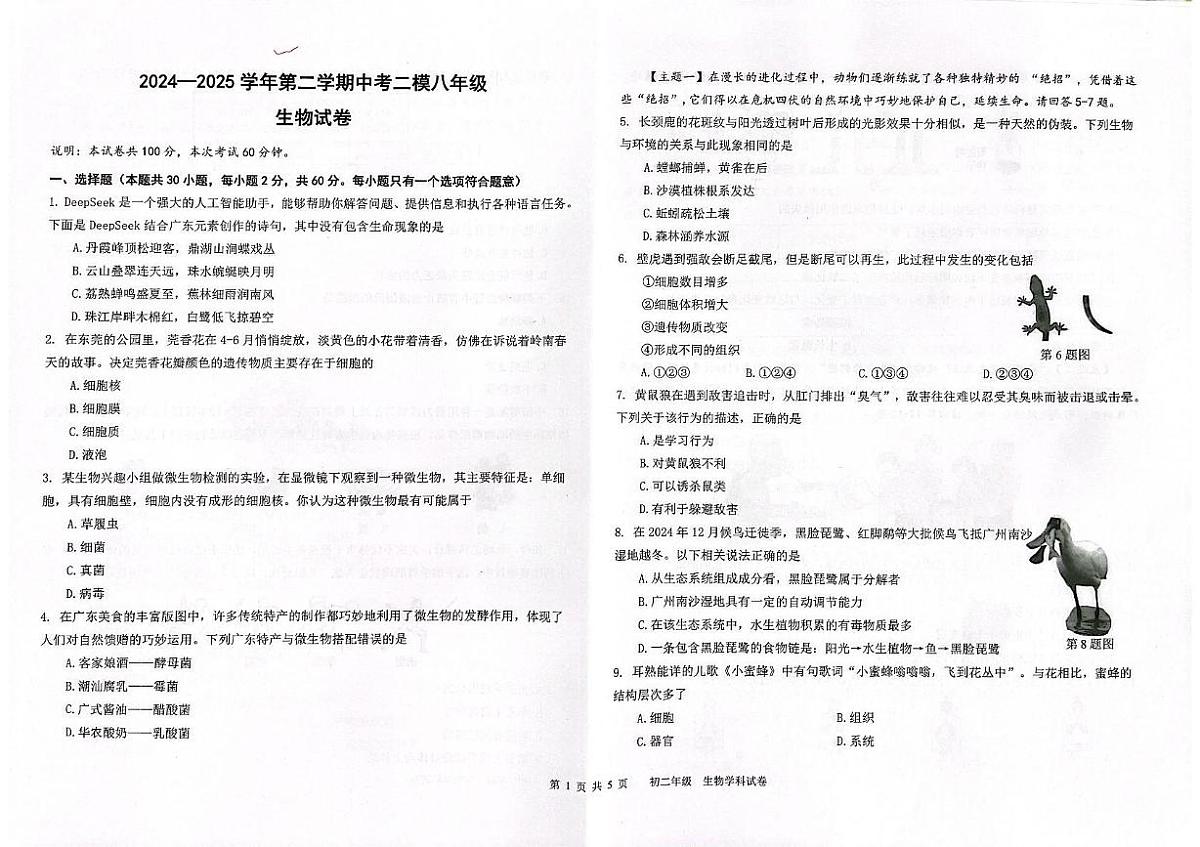 2025年广东省东莞市八年级二模生物试题（中考模拟）第1页