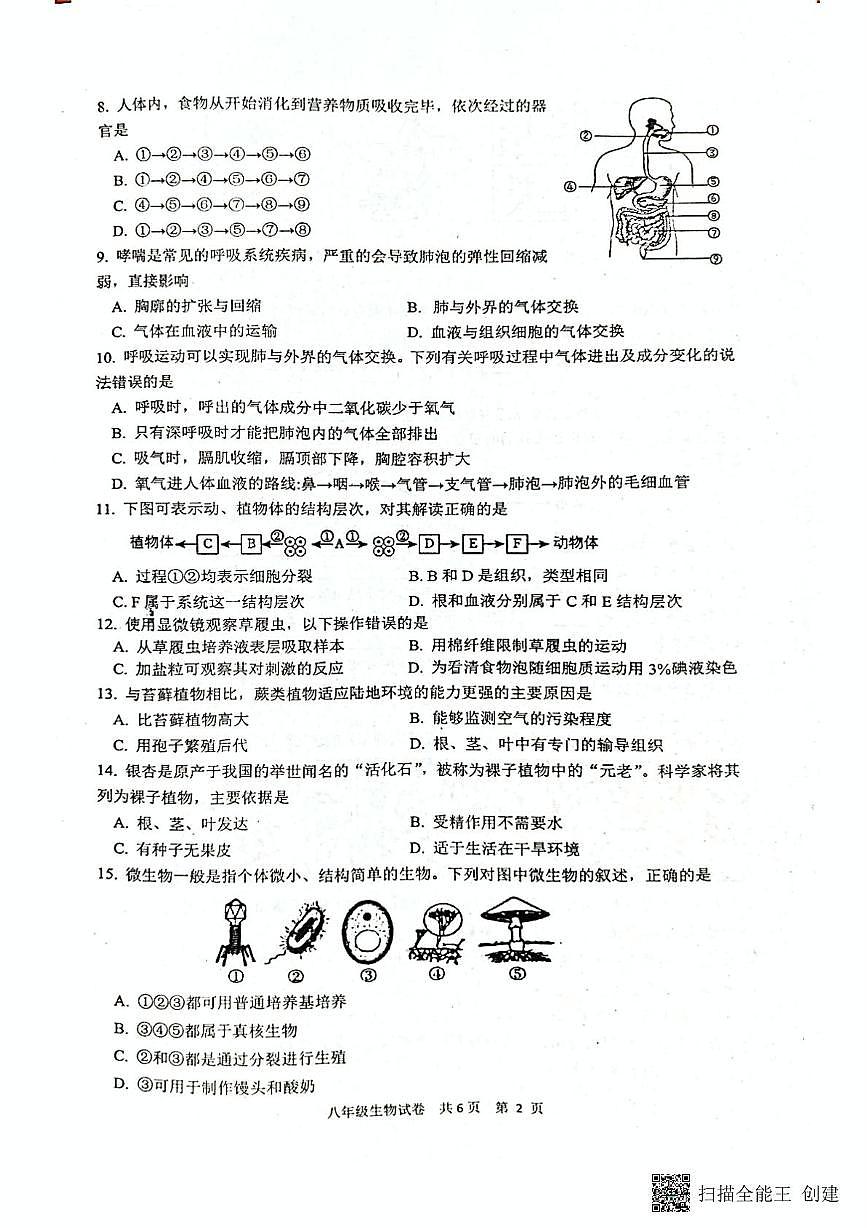 2025年江苏省泰州市兴化市八年级中考二模生物试题（中考模拟）第2页