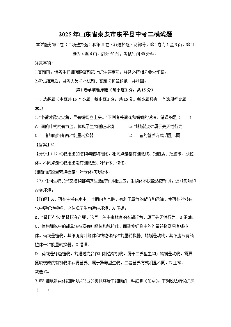 2025年山东省泰安市东平县中考二模生物试卷（解析版）第1页