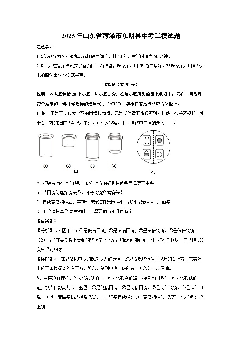 2025年山东省菏泽市东明县中考二模生物试卷（解析版）第1页