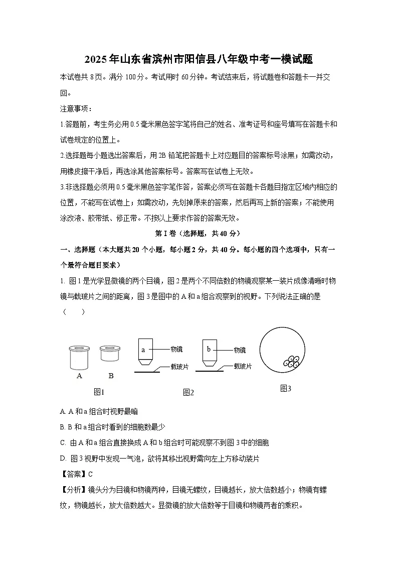 2025年山东省滨州市阳信县八年级中考一模生物试卷（解析版）第1页