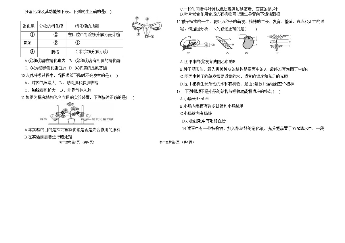 吉林省松原市吉林油田第十二中学2024_2025学年七年级下学期期中质量检测 生物试题第2页
