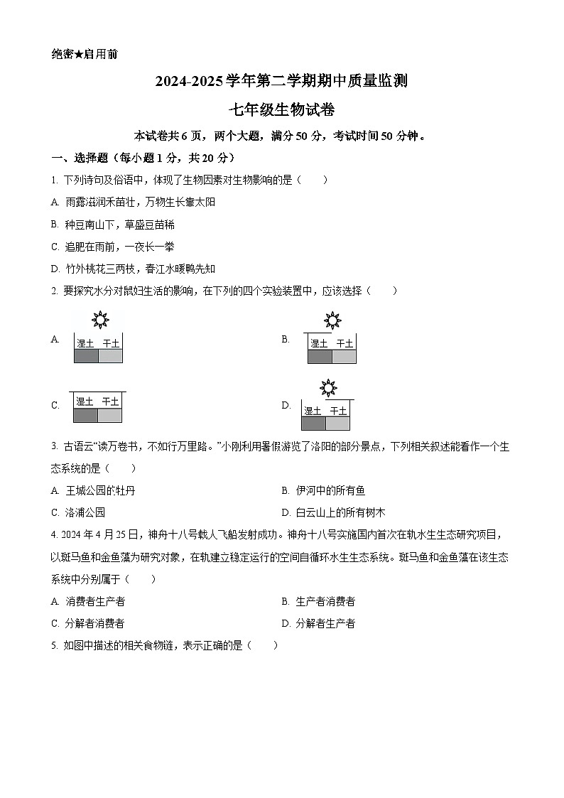 河南省洛阳市2024-2025学年七年级下学期期中 生物试题第1页