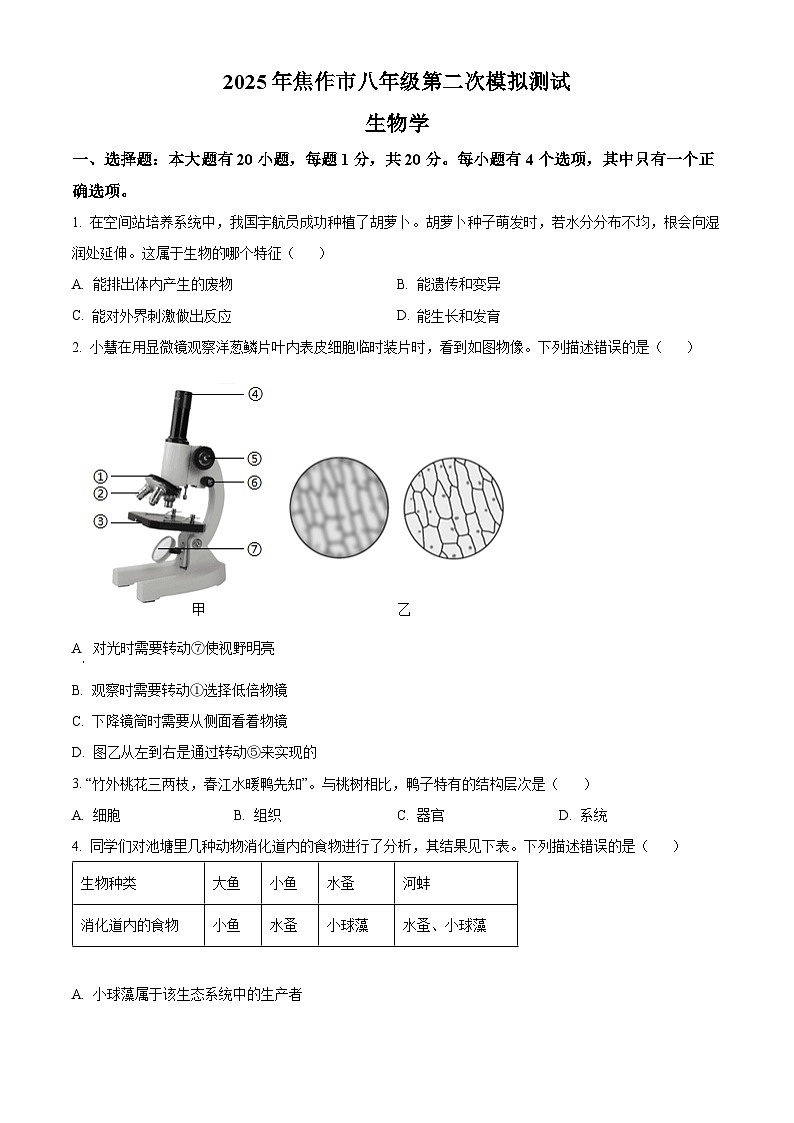 2025年河南省焦作市八年级中考二模生物试题（中考模拟）第1页
