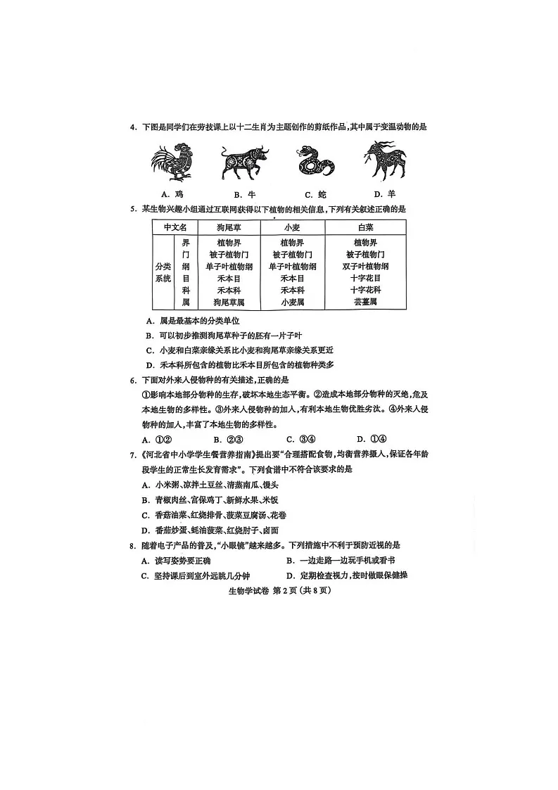 2025年河北省保定市清苑区初中学业水平考试适应性训练（八年级）生物试卷（中考模拟）第2页