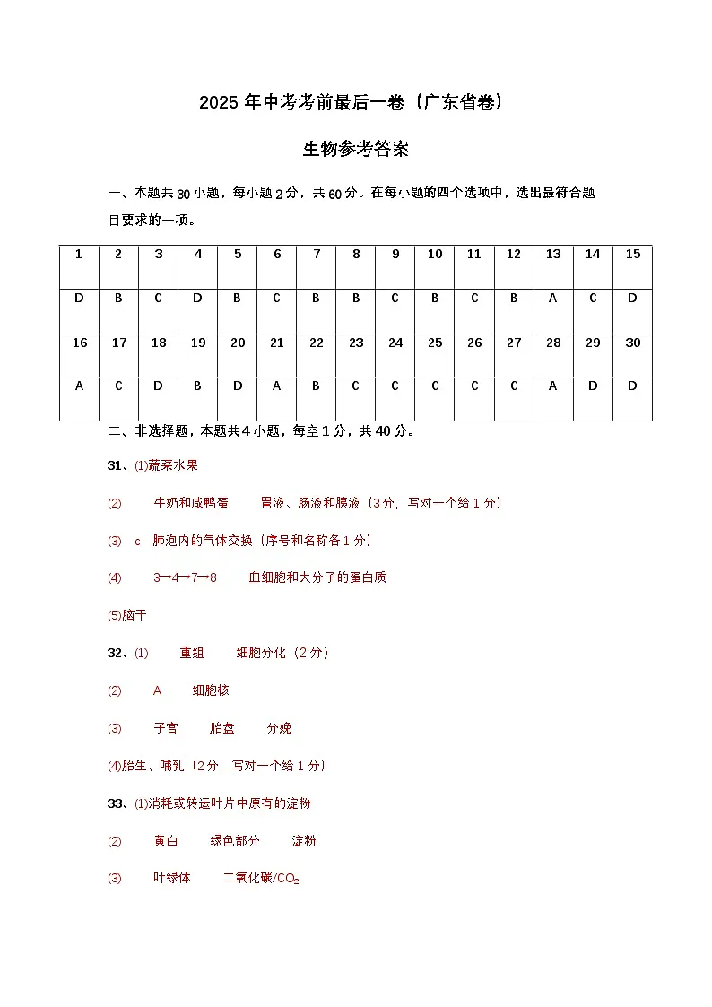 生物（广东省卷）（参考答案）第1页