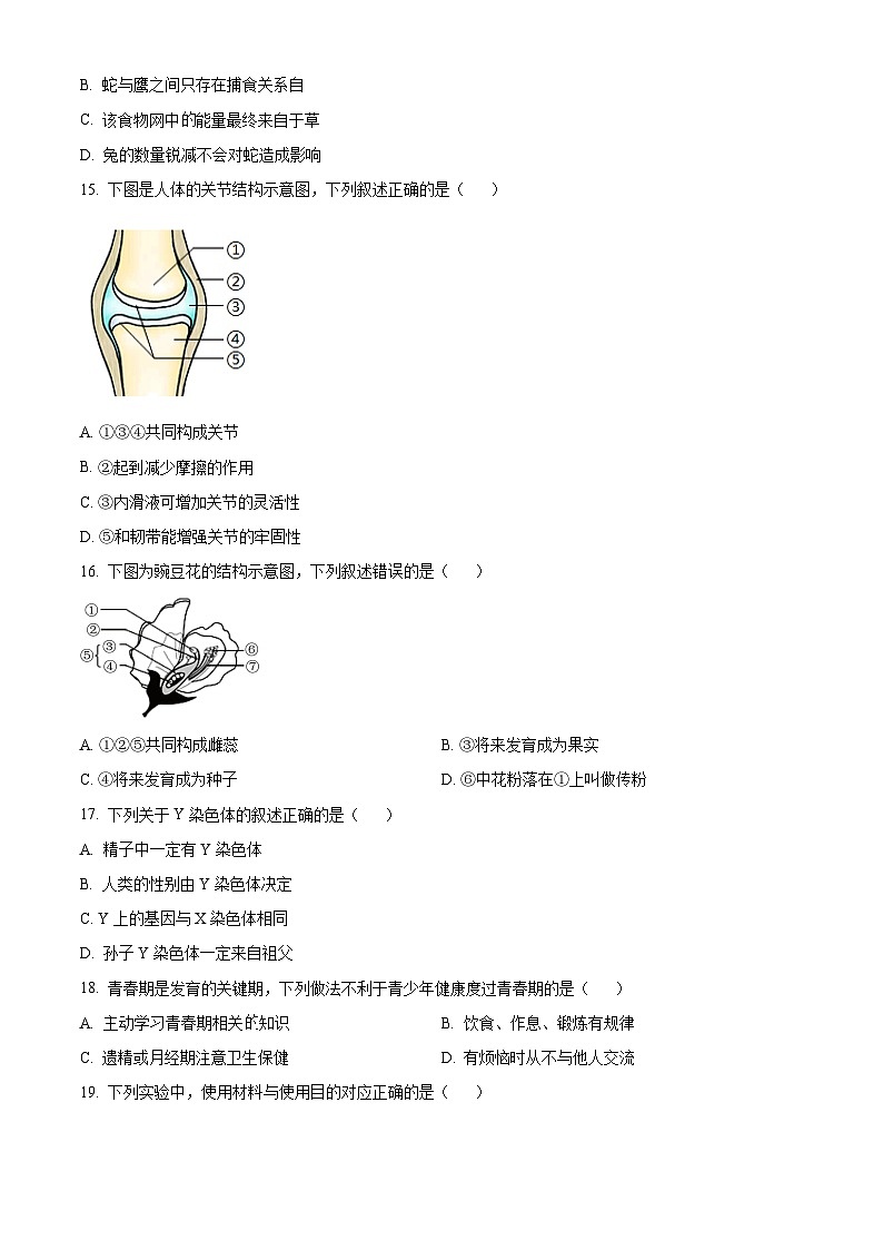 2025年福建省南平市八年级二模生物试题（原卷版）第3页