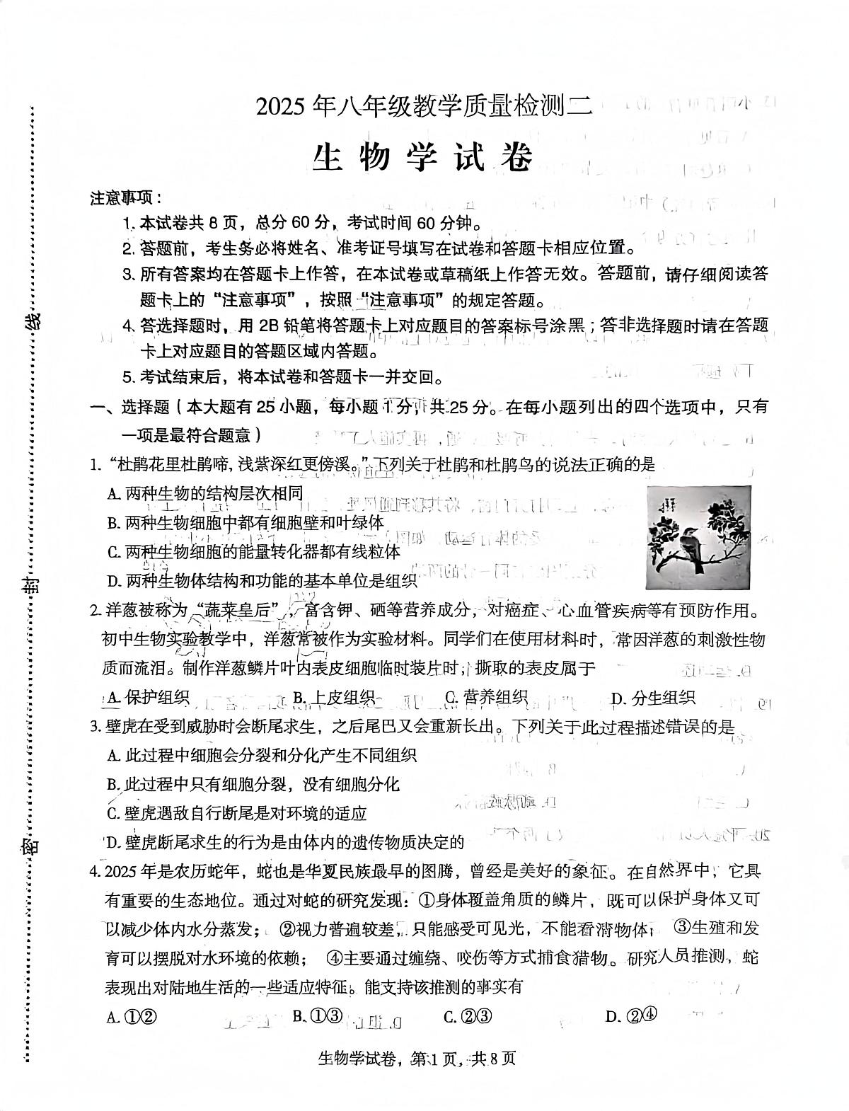 2025年河北省石家庄市八年级二模生物试题第1页