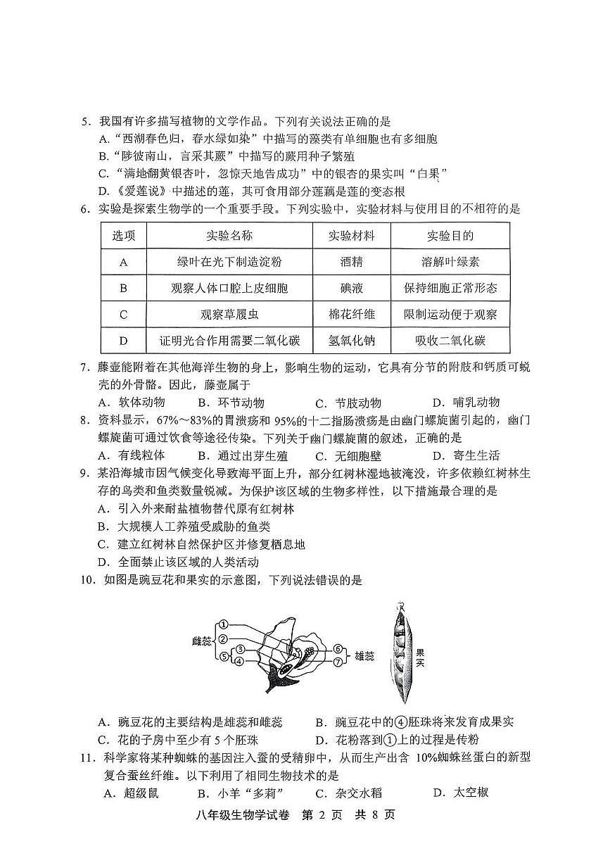 2025年河北省唐山市滦州市八年级二模生物试题第2页