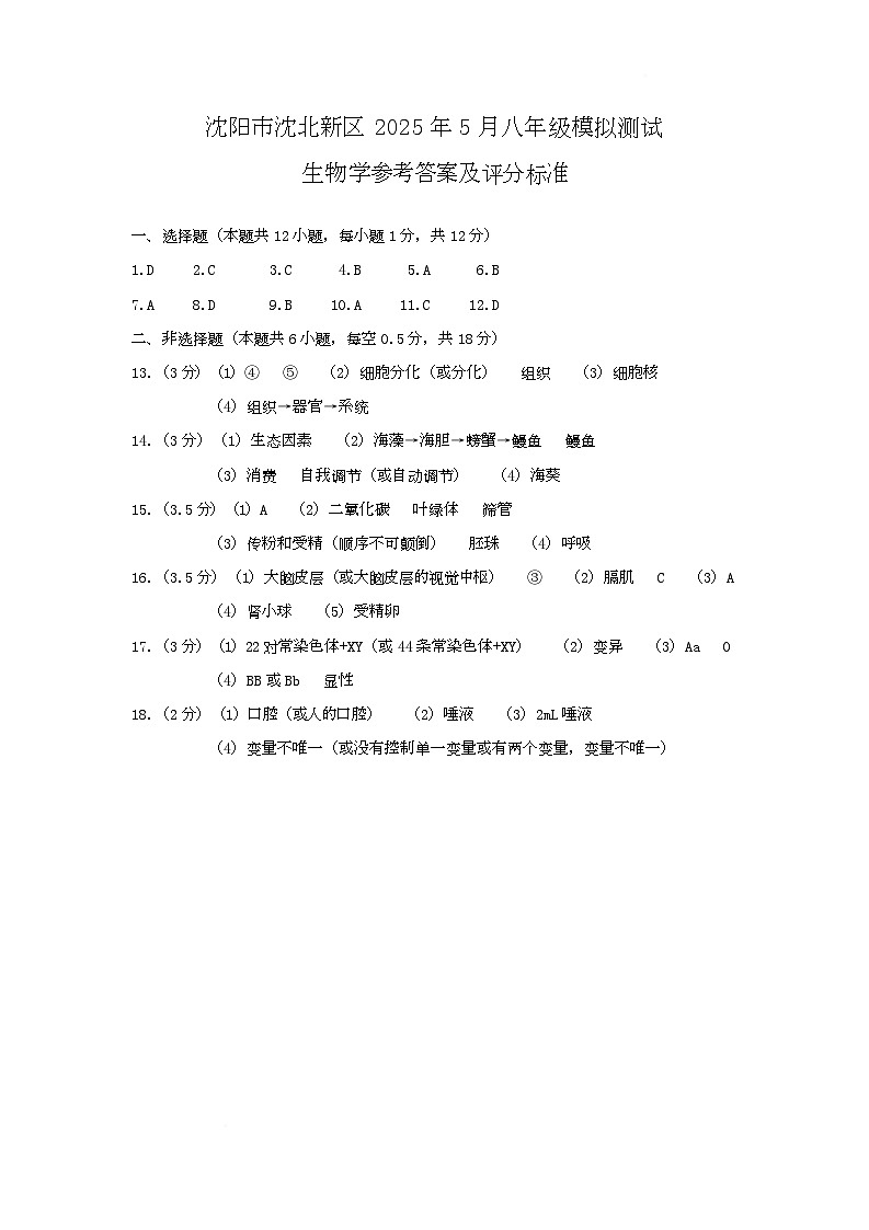 2025沈北新区生物二模试卷 （生物学）沈阳市沈北新区2025年5月八年级模拟测试答案第1页