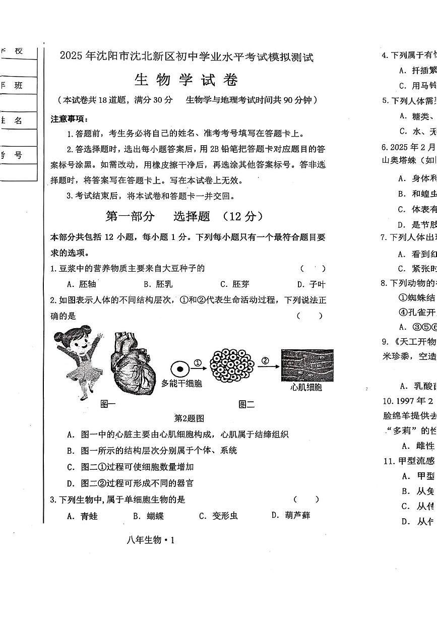 2025沈北新区生物二模试卷 2025沈北新区生物二模试卷第1页
