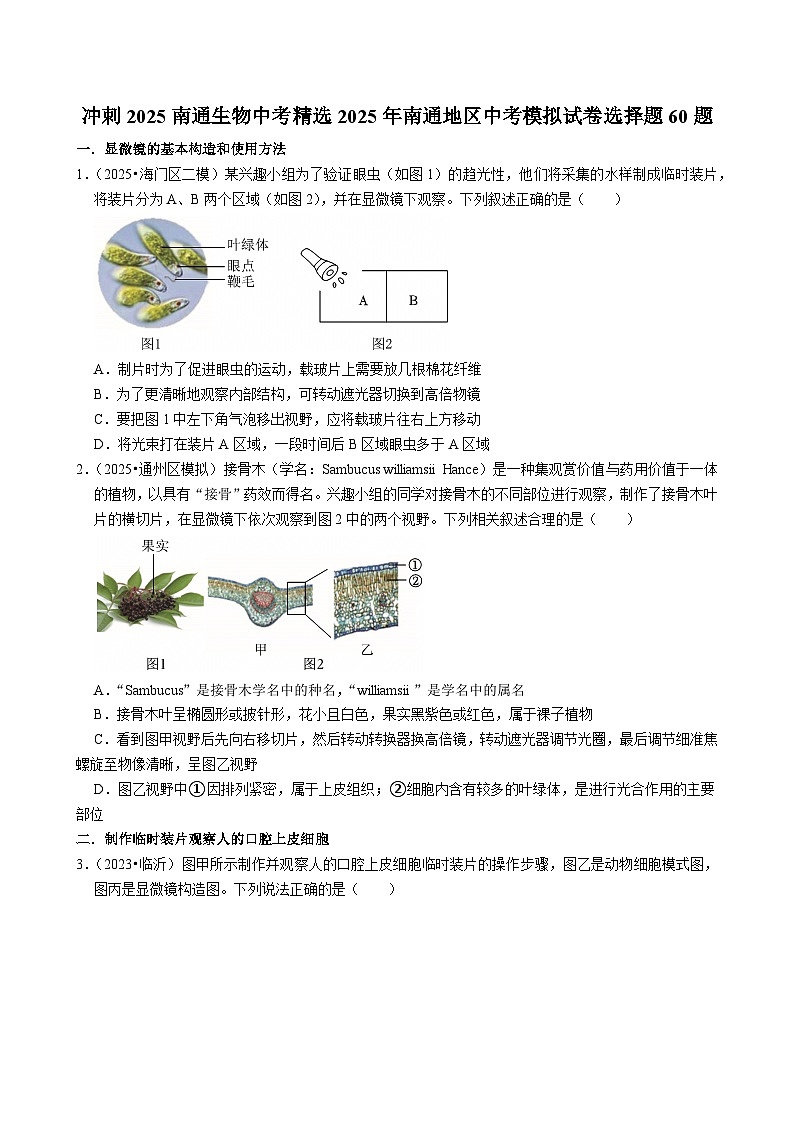冲刺2025南通生物中考精选2025年南通地区生物模拟试卷试题选择题60题专练（原卷版）第1页