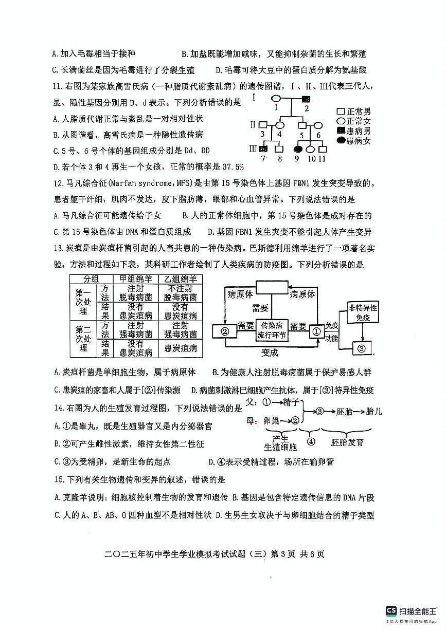 2025年山东省泰安市东平县八年级下学期生物中考三模试题（中考模拟）第3页