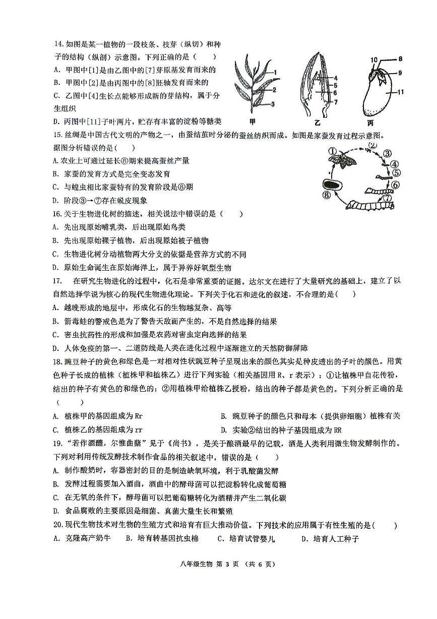 2025年山东省枣庄市第十五中学八年级中考三模生物试卷（中考模拟）第3页