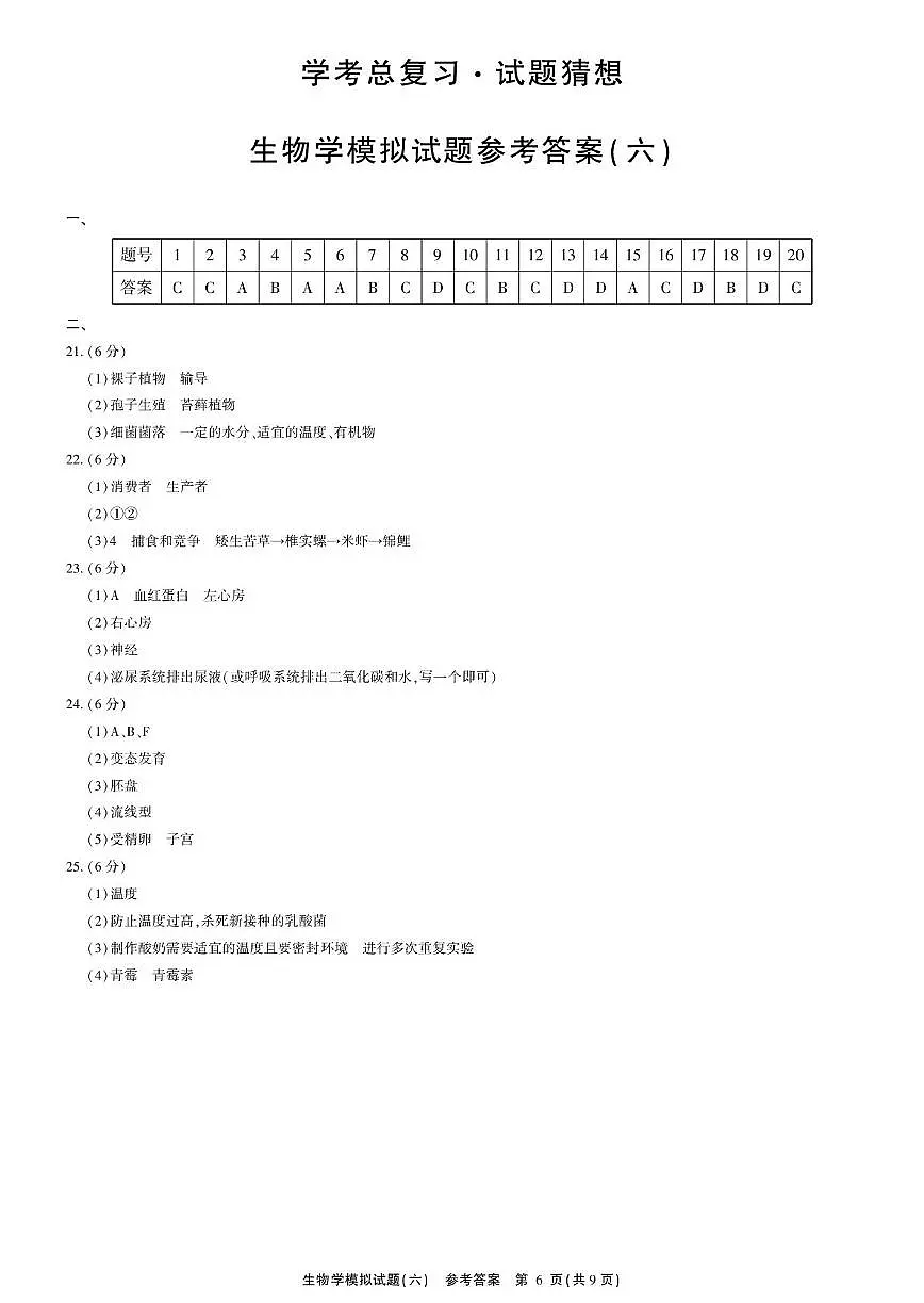生物-模拟卷6答案第1页