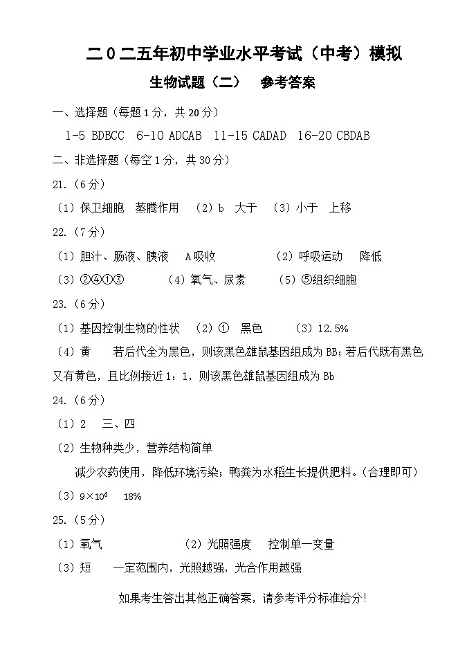 2025年山东省菏泽市单县二模 生物参考答案第1页