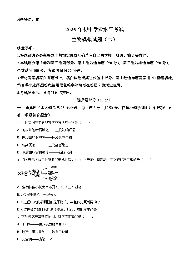 2025年山东省济南市莱芜区钢城区中考二模生物试题（原卷版）第1页