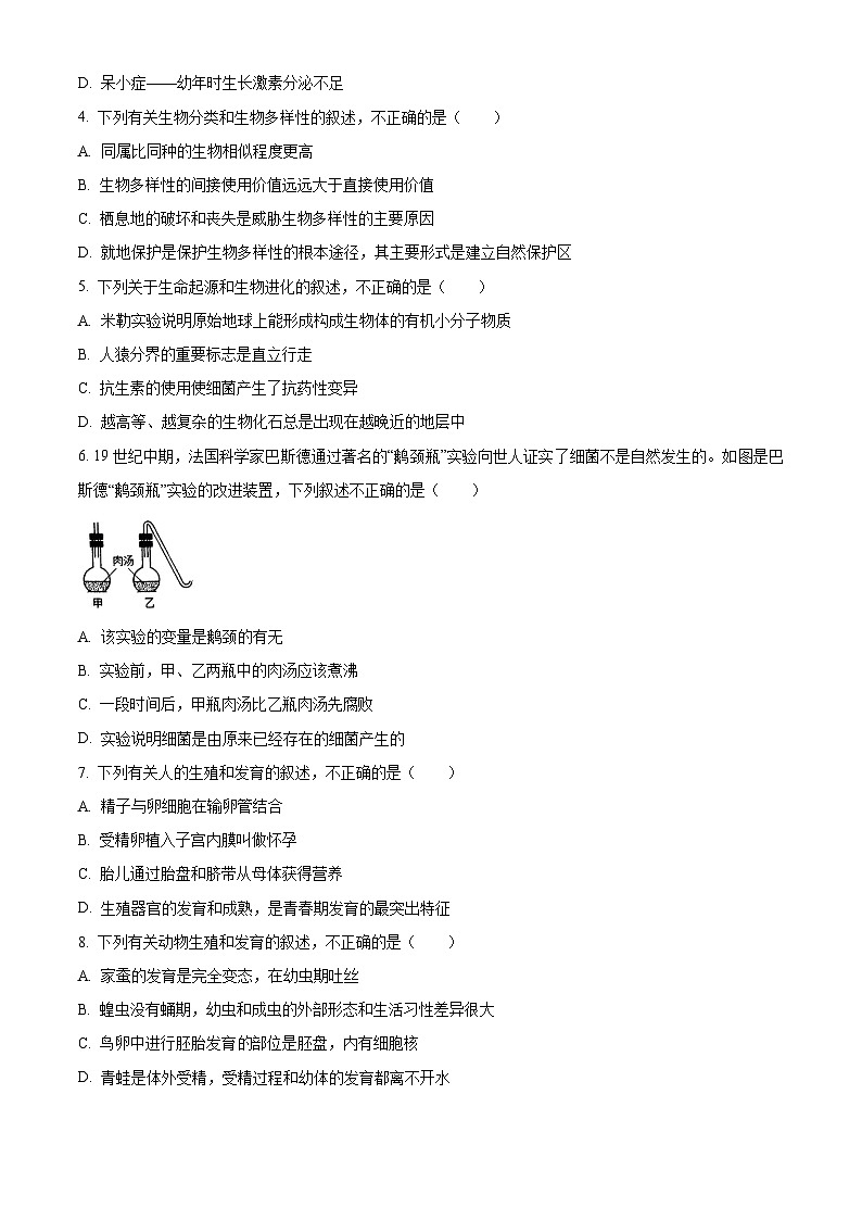 2025年山东省济南市莱芜区钢城区中考二模生物试题（原卷版）第2页