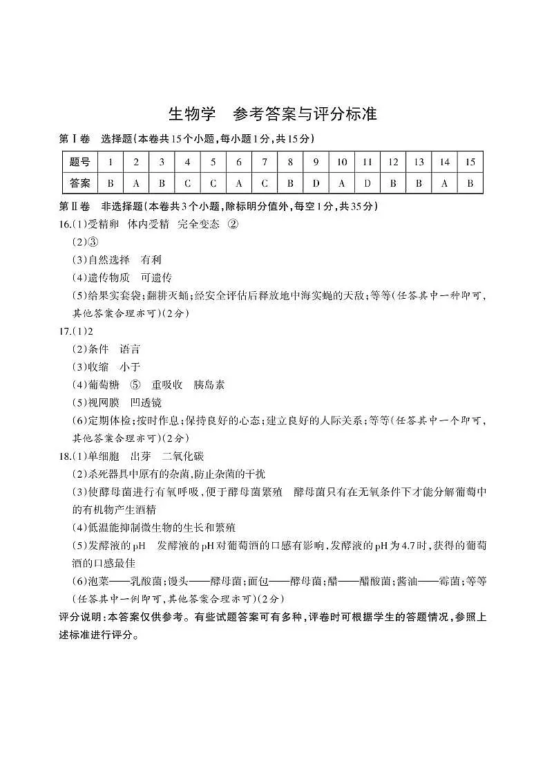 山西省吕梁市临县部分学校2025年中考二模生物试卷 生物学参考答案第1页