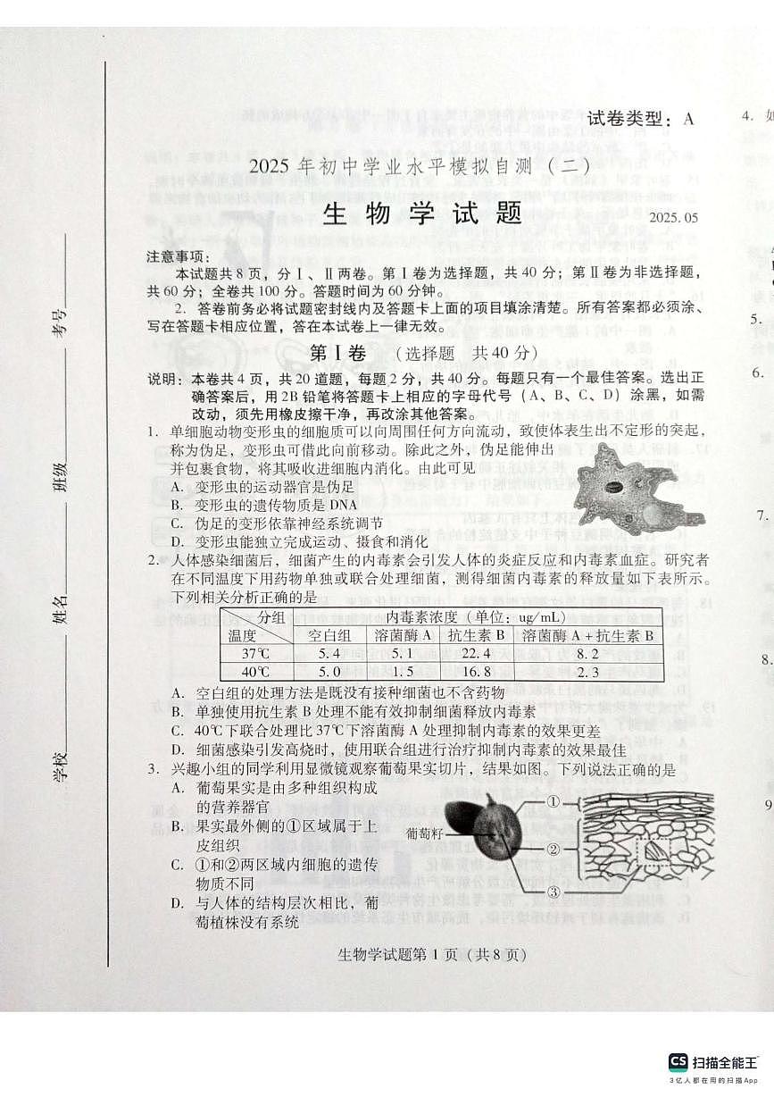 2025年山东省潍坊市坊子区八年级二模生物试题第1页