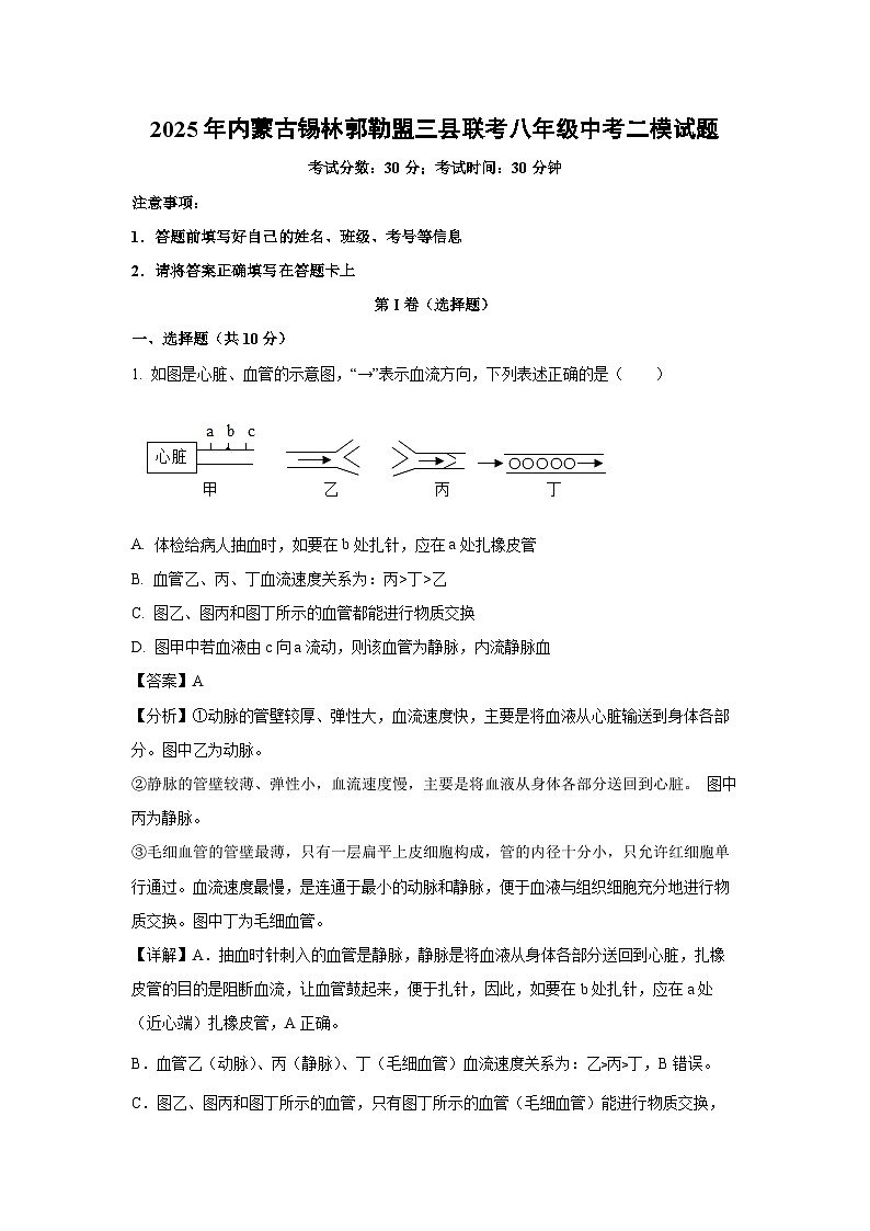 2025年内蒙古锡林郭勒盟三县联考八年级中考二模生物试卷（解析版）第1页