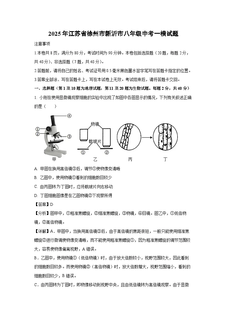 2025年江苏省徐州市新沂市八年级中考一模生物试卷（解析版）第1页