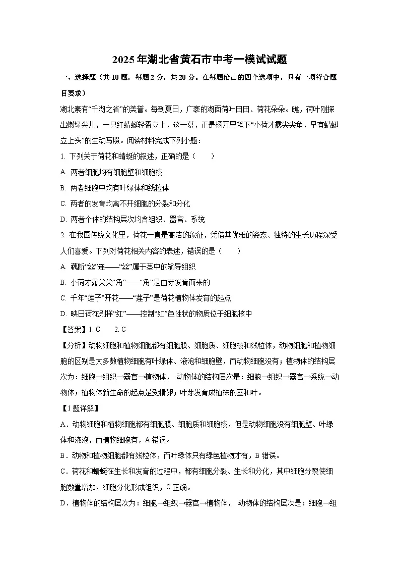 2025年湖北省黄石市中考一模试生物试卷（解析版）第1页