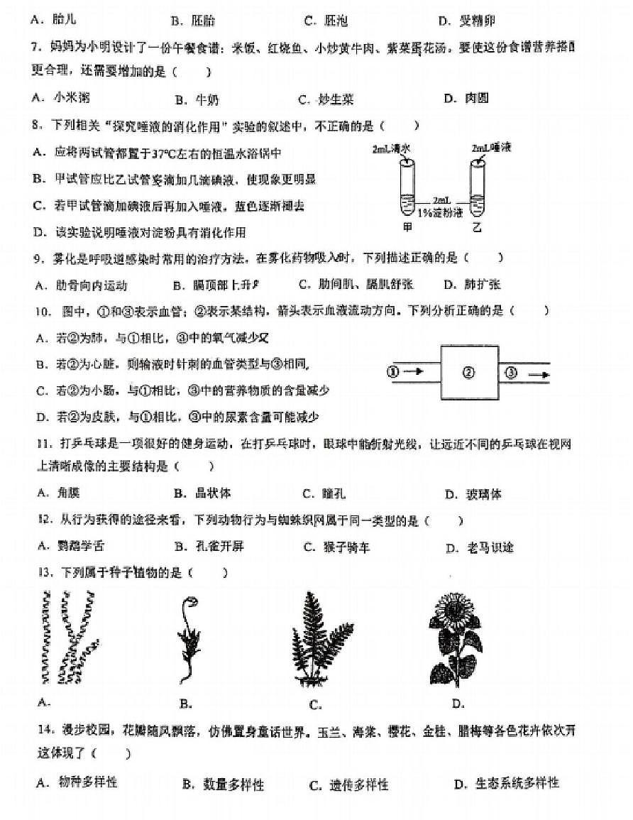 2025年江苏省盐城市鹿鸣路初级中学八年级中考一模生物试卷（中考模拟）第2页